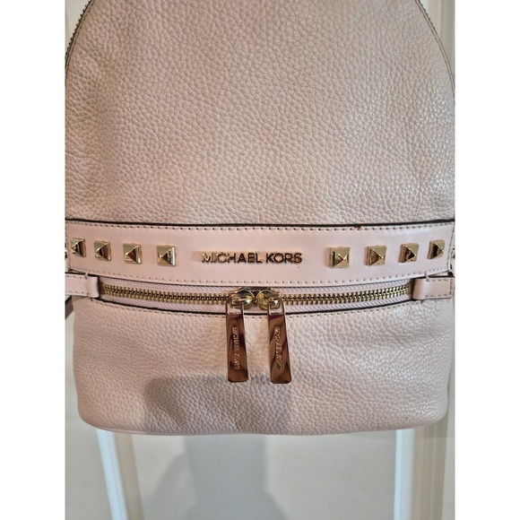 Michael Kors Rhea Mini Studded Pebbled Leather Backpack Pink Gold Hardware - Picture 2 of 11